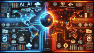 AI and cybersecurity threats infographic highlighting global digital security, firewalls, and data sovereignty.
