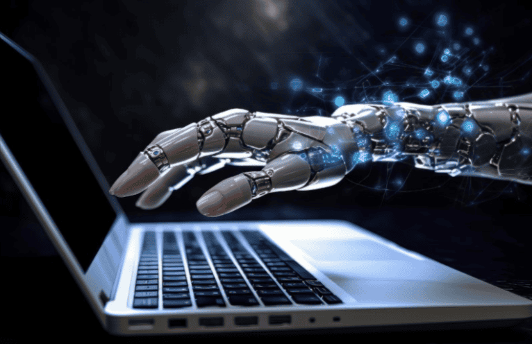 AI hand interacting with a laptop keyboard, symbolizing data technology and digital innovation.