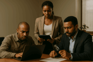 Business professionals analyzing data on laptop and tablet, data governance meeting, African business team collaboration, corporate data management, Data Governance Africa.